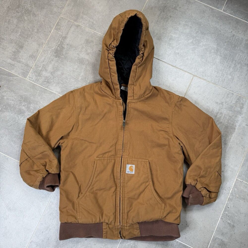 Carhartt Youth Medium 10–12 Brown Hooded Canvas Quilted Lined Jacket Coat EUC